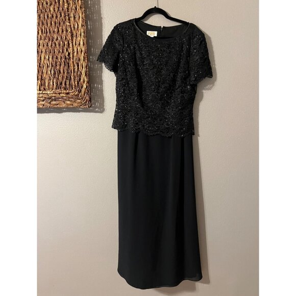 Talbots Long Formal Dress 12 Black Sequin Top Short Sleeve Flowy Wedding Party - Picture 11 of 12
